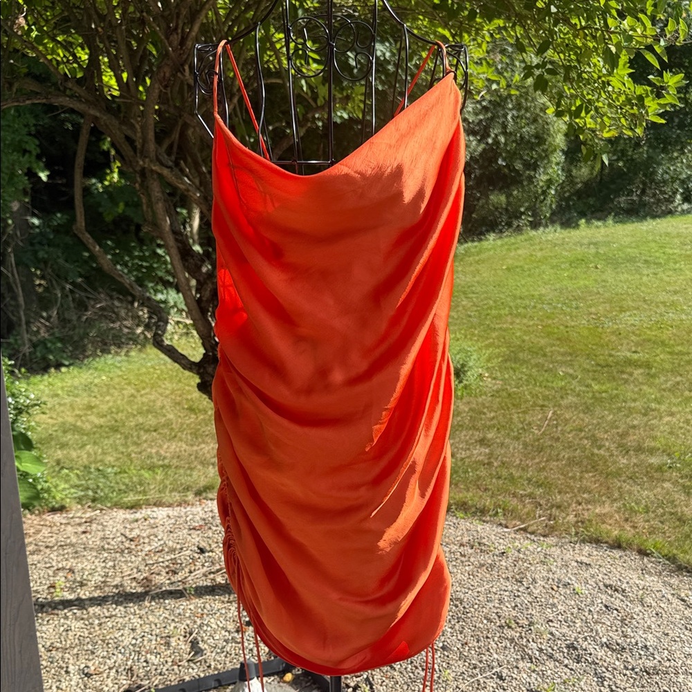 Zara orange satin spaghetti strap ruched dress
